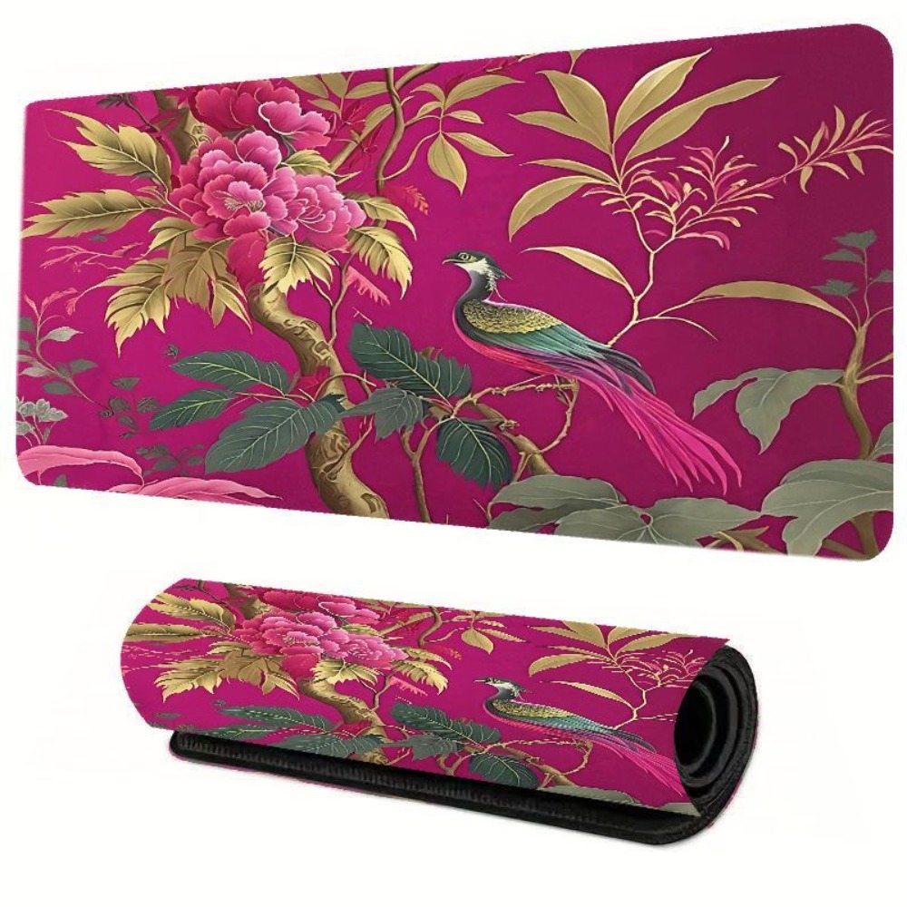 Gaming Accessories Pink - แผ่นรองโต๊ะลายดอกไม้และนกสีชมพูสดใส อุปกรณ์ตกแต่งโต๊ะทำงานสีขาวสไตล์โมเดิร์น เหมาะสำหรับเล่นเกมและใช้ในสำนักงาน