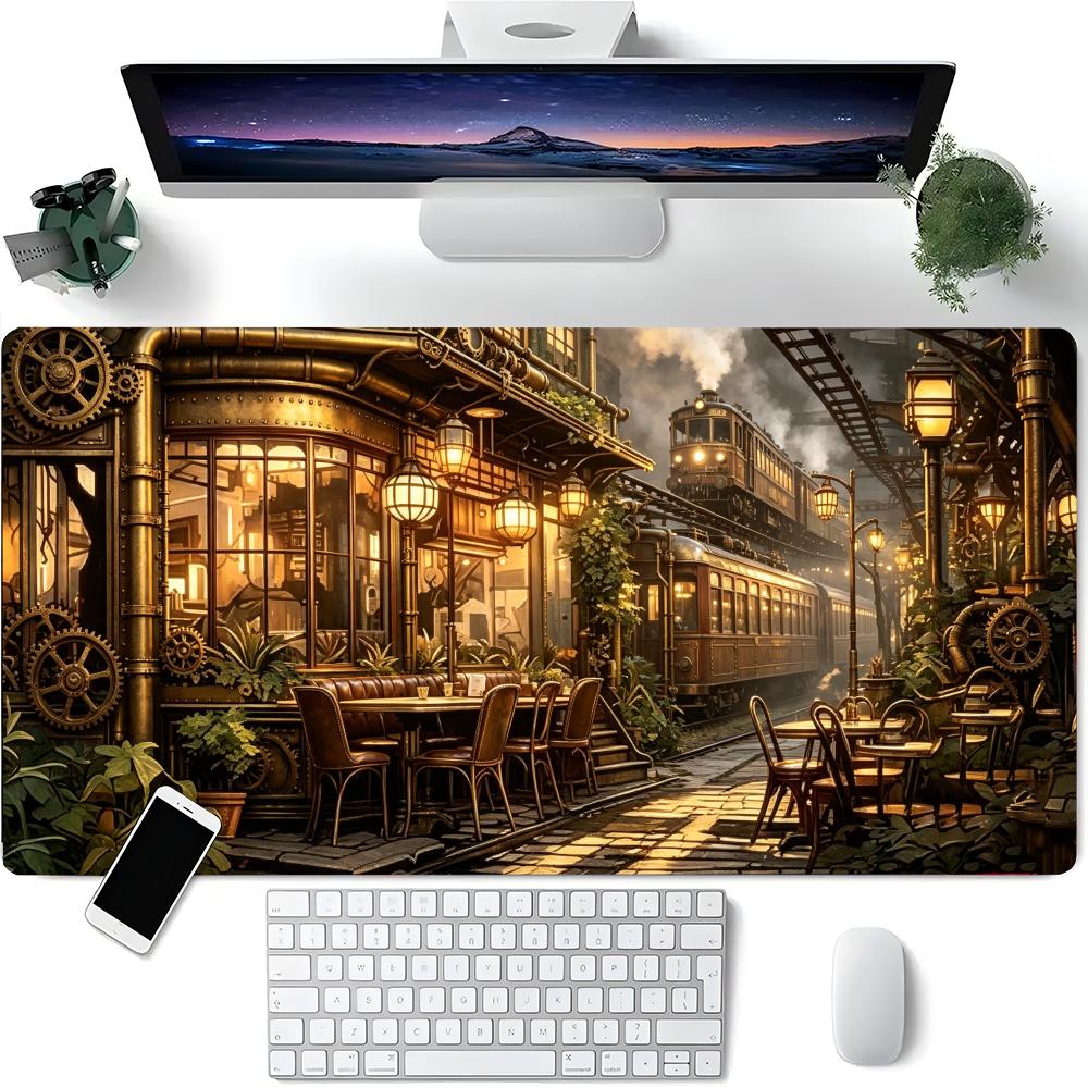 Gaming Accessories Retro - แผ่นรองโต๊ะทำงานสไตล์สถานีรถไฟย้อนยุค อุปกรณ์เสริมสำหรับการเรียนและทำงาน พร้อมโคมไฟทองเหลืองและแผ่นรองเมาส์สำหรับใช้งานกลางแจ้ง