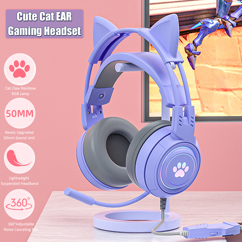 Gaming Accessories Monitor - ชุดหูฟังสำหรับเด็กผู้หญิงสีชมพู, Headphone GAMING หูแมวน่ารักพร้อมไมค์ลดเสียงรบกวน RGB อุปกรณ์เสริมสำหรับ
